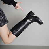 圆头粗跟高筒骑士靴女高跟一脚蹬宽筒直筒靴长靴冬新款 玮保 真皮