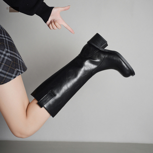 圆头粗跟高筒骑士靴女高跟一脚蹬宽筒直筒靴长靴冬新款 玮保 真皮