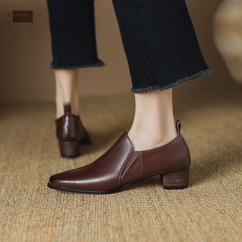 头层牛皮 尖头粗跟深口单鞋 秋季新款女士小皮鞋中跟简约通勤英伦,女鞋,深口单鞋,淘宝优惠券,粉丝福利购,淘宝优惠卷