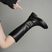 平跟圆头高筒骑士靴女 玮保 全真皮 防水台一脚蹬直筒靴长靴冬新