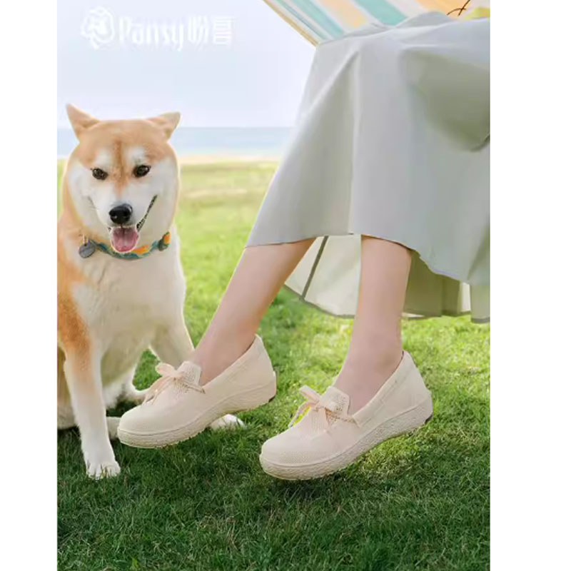 Pansy26春新款一脚蹬宽胖脚帆船乐福鞋女网面透气飞织百搭休闲鞋