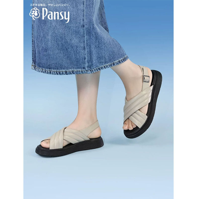 Pansy日本新款女士时尚交叉带柔软舒适凉鞋轻便厚底防滑女鞋夏季图片