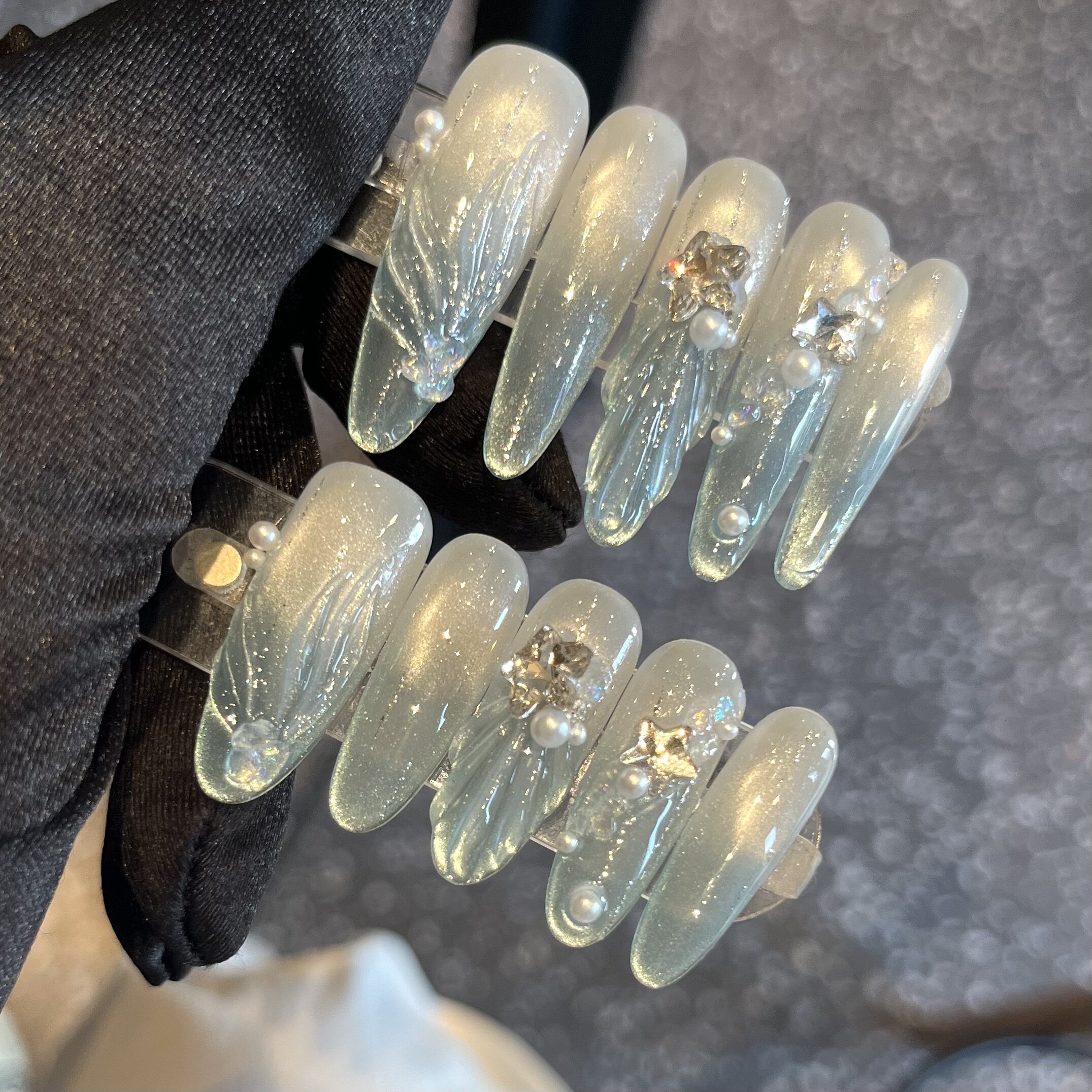 亚特兰蒂斯 |手绘鱼尾美人鱼夏日冰蓝猫眼纯手工穿戴甲美甲贴长款