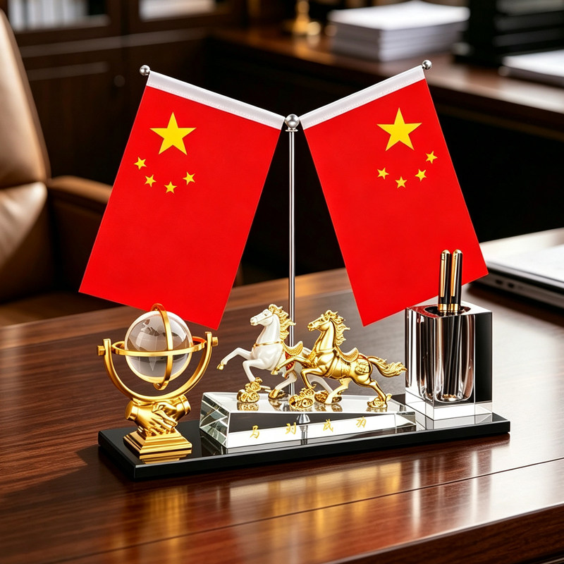 老总桌面高档水晶笔筒红旗摆件