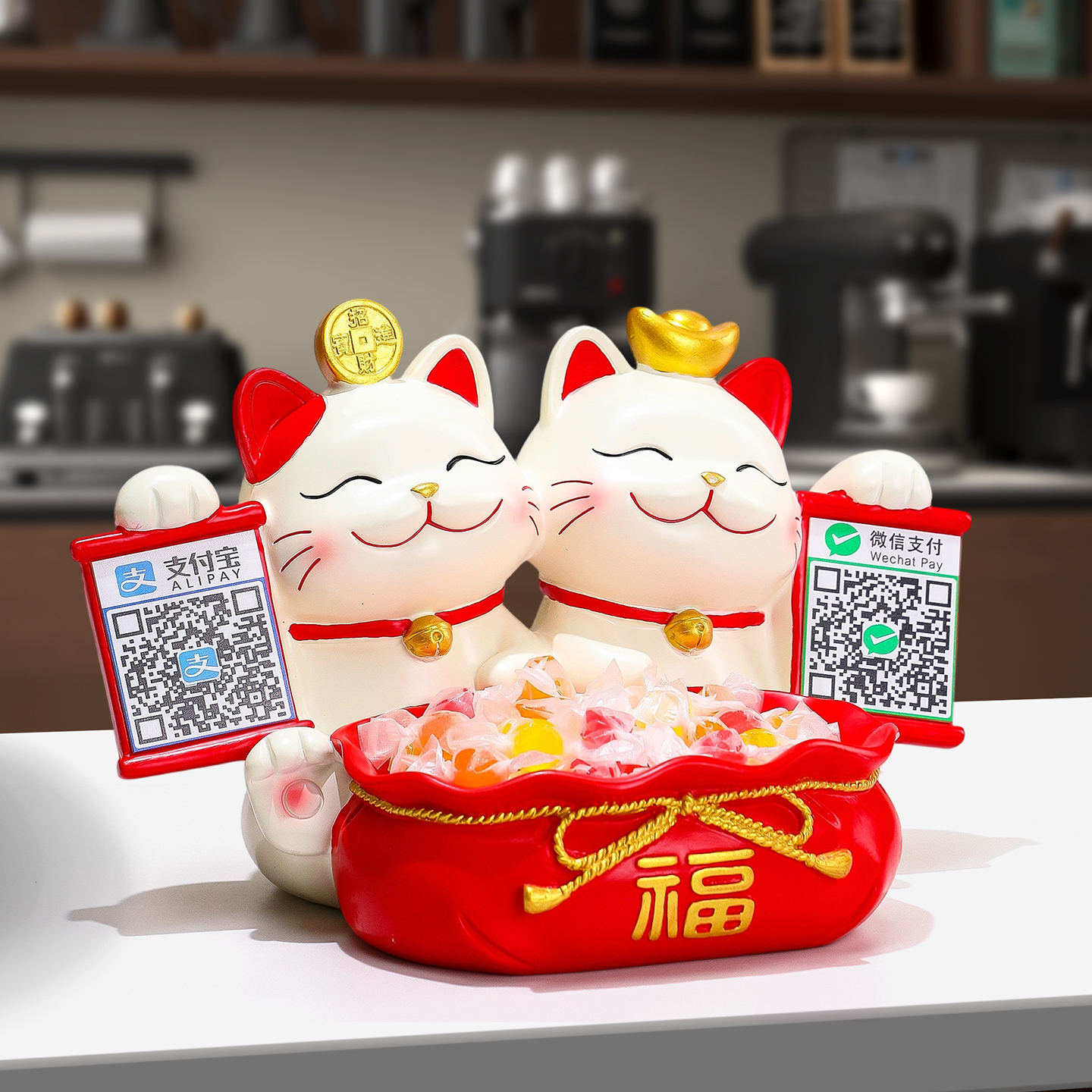 可爱招财猫收钱二维码摆件存钱罐不可取吧台收纳盒新店开业礼物高