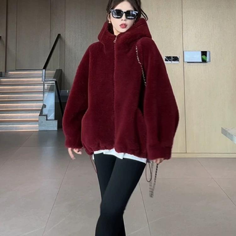安可拉红色仿羊羔毛连帽皮草外套女2024秋冬季新款保暖毛毛绒短款