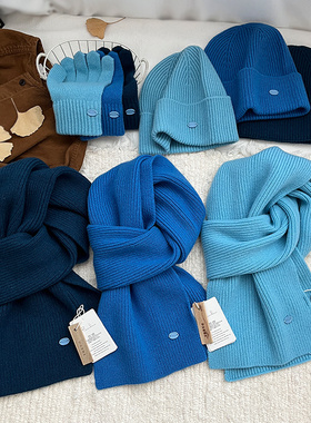 100%氛围感显白初恋蓝色纯羊毛围巾帽子手套套装秋冬保暖围脖送礼