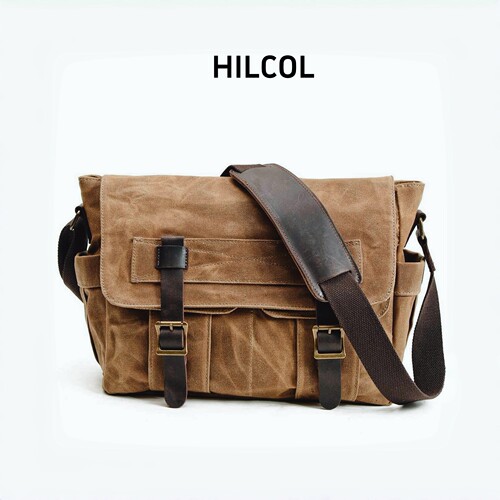 HILCOL山古寻影系列油蜡帆布拼接真皮复古单肩包电脑斜挎包