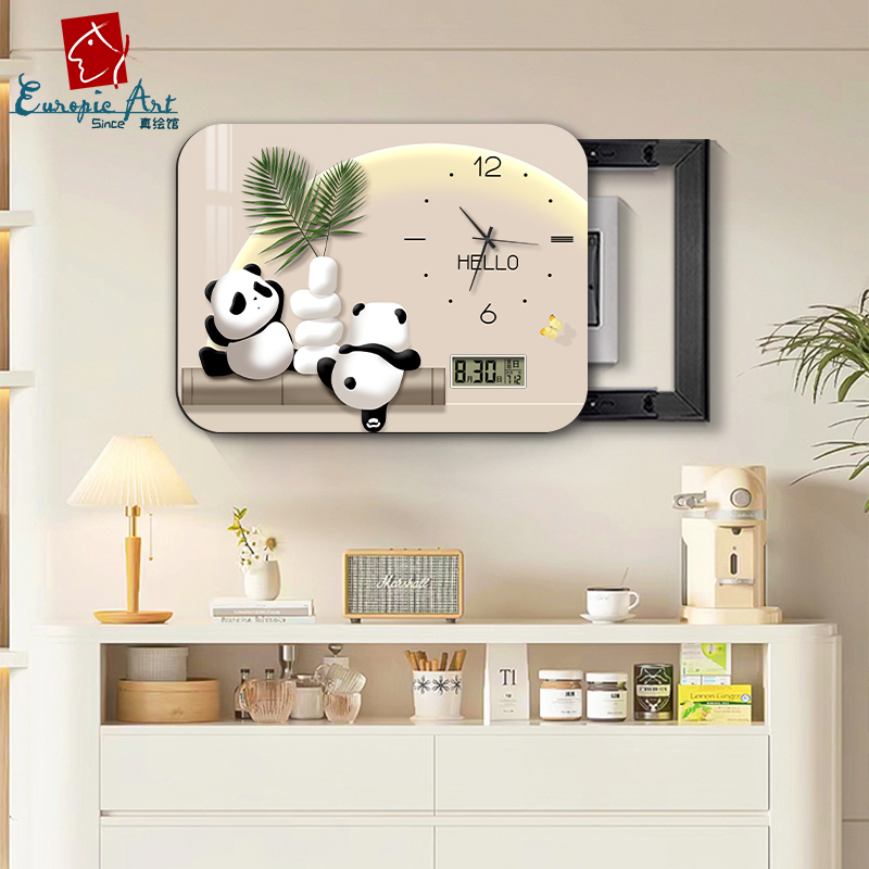 奶油风熊猫电表箱装饰画 画2025新款带钟表挂钟免打孔遮挡创意挂