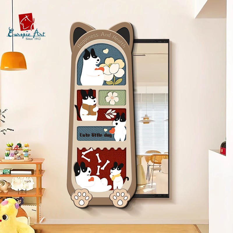 卡通小狗隐藏式推拉全身镜装饰画隐形穿试衣镜客厅玄关镜子壁挂画