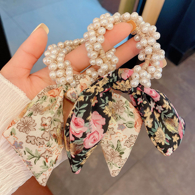 韩国碎花飘带蝴蝶结头饰网红珍珠发圈绑发女发带夏季扎头皮筋头绳