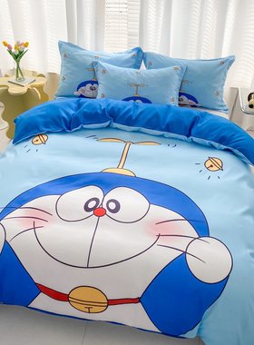 可爱机器猫磨毛床单四件套儿童男孩蓝胖子卧室被套三件套家用宿舍