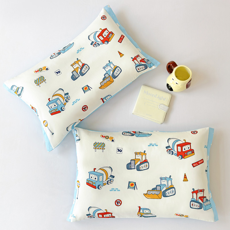 a类挖掘机贡缎纯棉枕套40x60长绒棉卡通儿童男孩工程队30x50cm