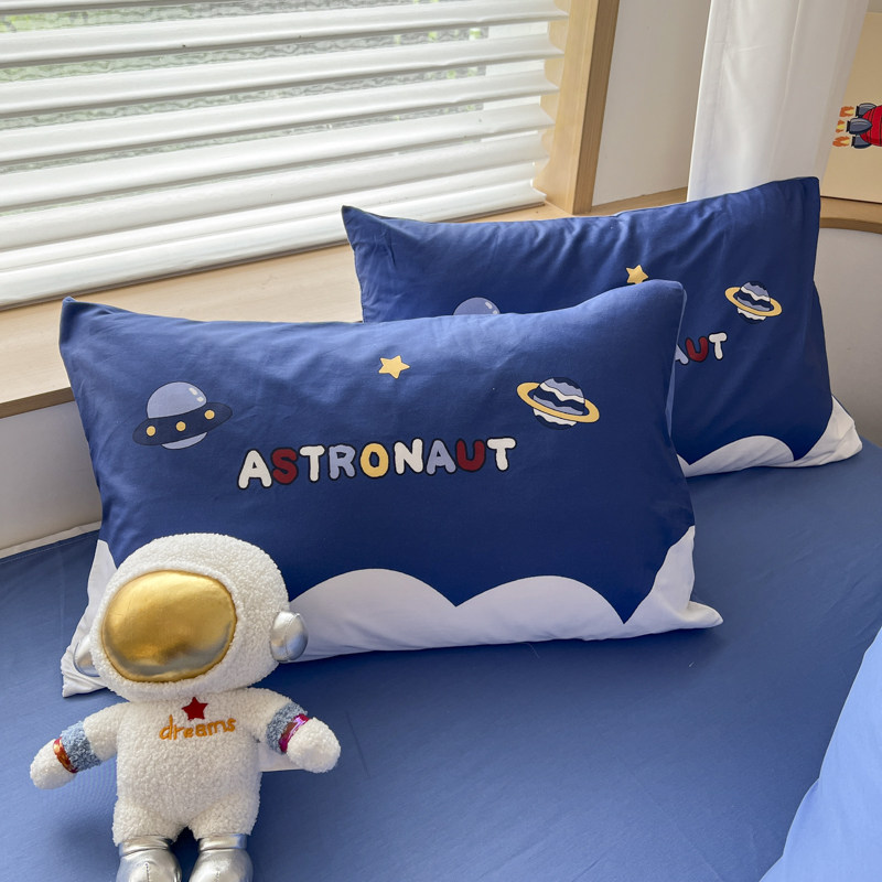 全棉卡通太空飞船图案枕套蓝色宇航员儿童男孩学生宿舍纯棉枕头套