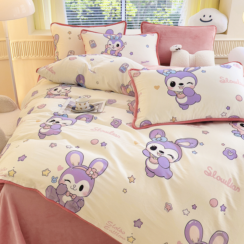 可爱兔子棉加绒四件套儿童女童少女A面纯棉B面牛奶绒被套单件保暖