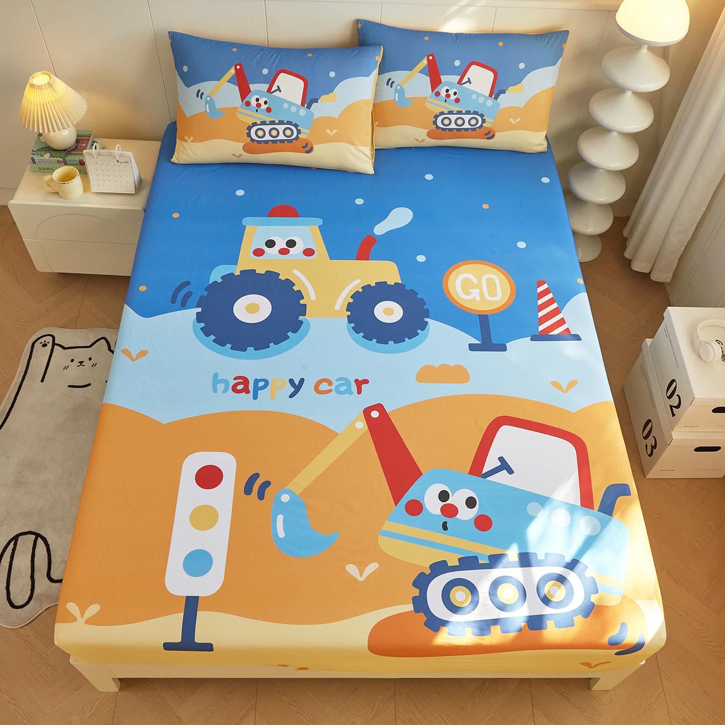 儿童防滑床罩卡通挖土机工程车全棉纯棉床笠单件套男孩床全包床套,床上用品,床笠,淘宝优惠券,粉丝福利购,淘宝优惠卷