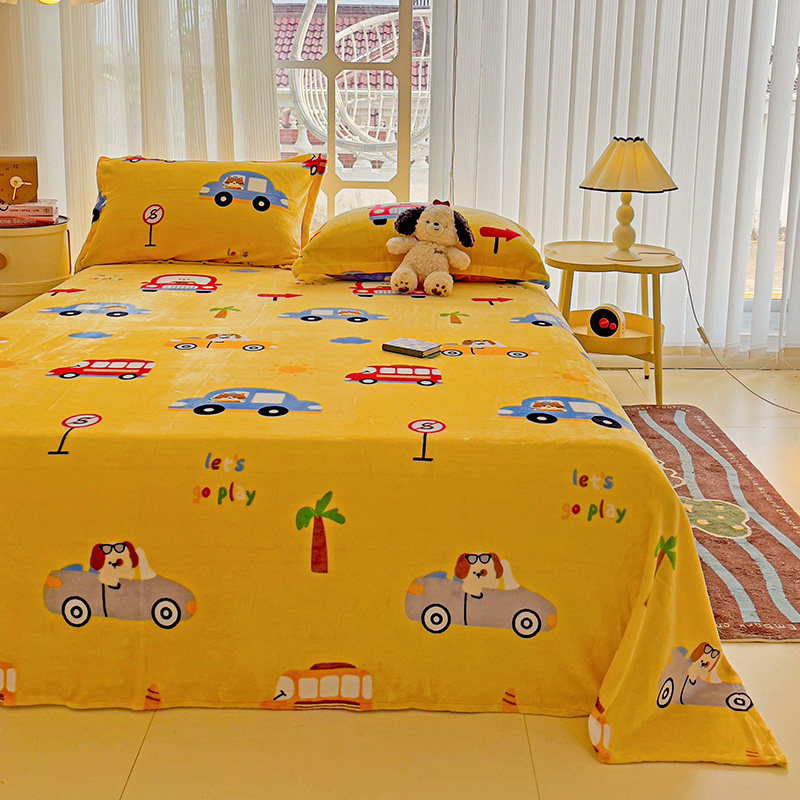 儿童卡通小汽车牛奶绒珊瑚绒床单单件加绒毛毯子加厚冬季被单男童