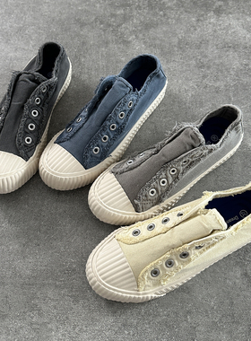 韩国饼干帆布鞋女鞋一脚蹬懒人松紧带平底鞋防滑软底板鞋毛边百搭