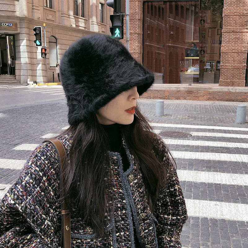 太美啦~兔毛水桶帽子女秋冬日系