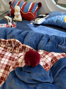 毛球球~冬季加厚牛奶绒超柔软红色大格子床上四件套珊瑚绒1.5m1.8