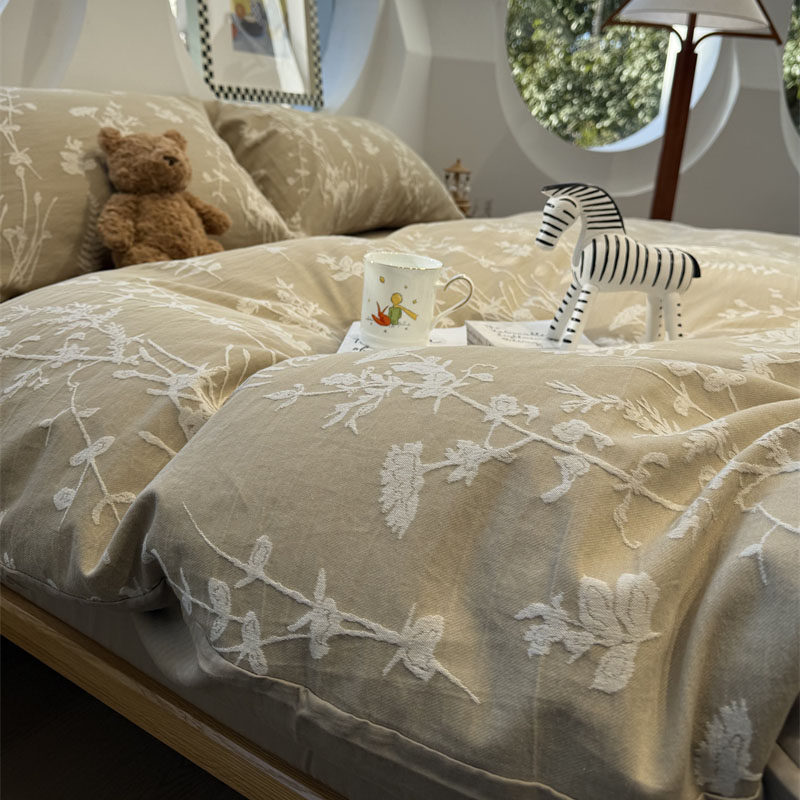ins风北欧简约卡其色复古水洗棉提花四件套1.5m1.8米纯棉被套民宿