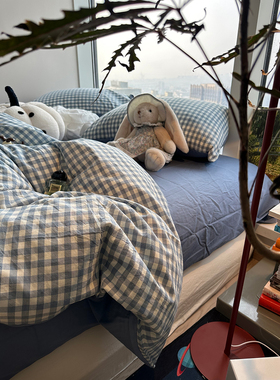 ins水洗棉蓝色小格子床上用品四件套文艺1.5m1.8米学生宿舍三件套