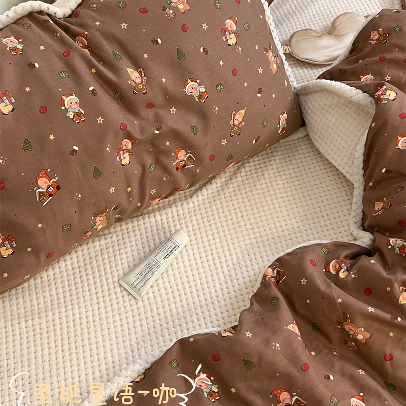 圣诞款棉加华夫格提花绒咖四件套