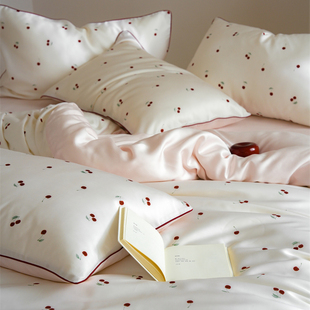 ins60支天丝凉感丝滑莱赛尔纤维樱桃粉色四件套1.5m1.8米床单被套