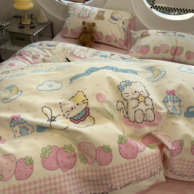 少女心卡通可爱小花猫床上四件套