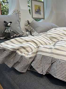 ins水洗棉灰色花边条纹床上四件套全棉1.5m1.8米被套纯棉三件套