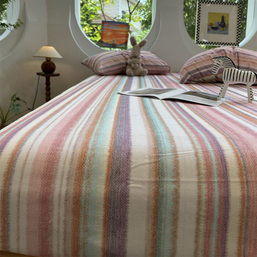 韩系粉条纹纯棉床笠床单枕套单件