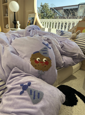 冬季搞怪牛奶绒毛巾绣紫色魔法帽四件套1.5m1.8米加厚舒适法兰绒