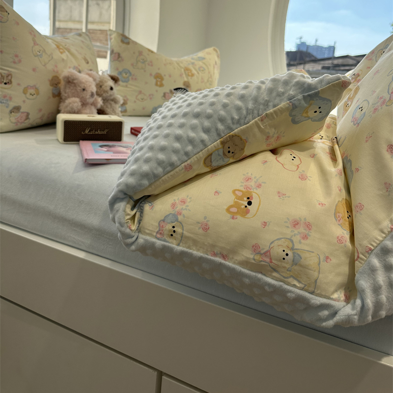 萌宠小狗派对棉加豆豆绒四件套