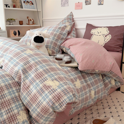 卡通紫格小白狗四件套全棉