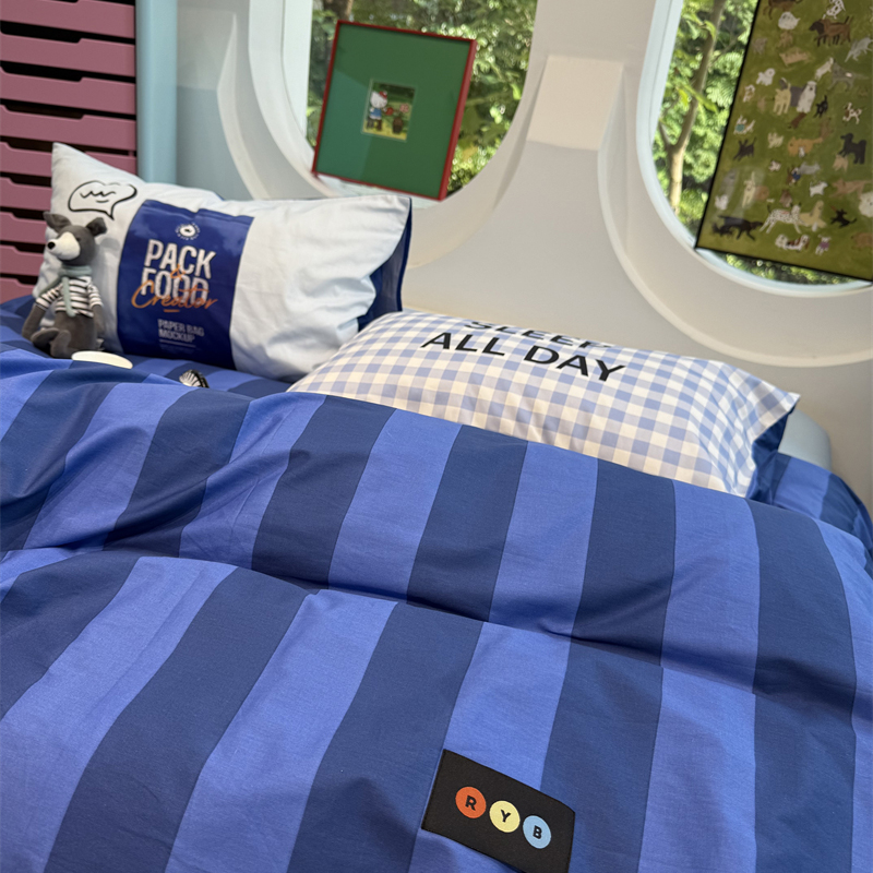 少女心简约深蓝条纹床上四件套