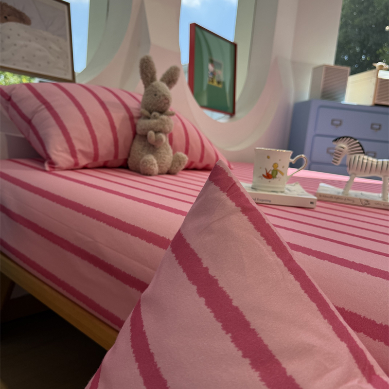 韩系红粉条纹磨毛床笠床单单件