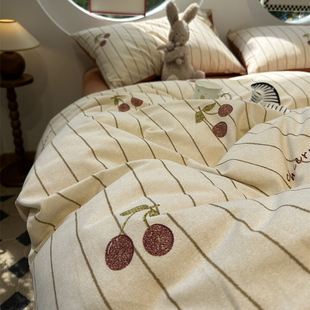 少女心甜甜樱桃条纹磨毛床上四件套全棉纯棉被套秋冬加厚保暖1.5m