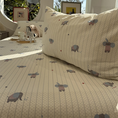 灰条小象纯棉床笠床单单件