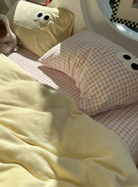 大眼萌~ins冬季加厚暖黄色牛奶绒四件套珊瑚绒1.5m1.8米秋冬保暖