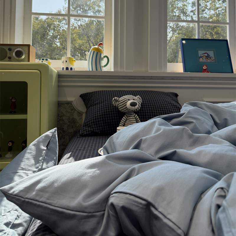 ins北欧简约混搭水洗棉英伦蓝格子四件套全棉1.5m1.8米被套三件套