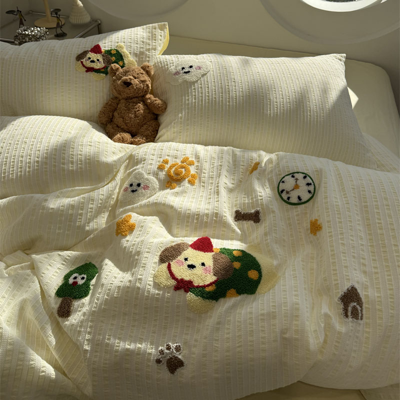 ins黄色条纹提花水洗棉卡通毛巾绣四件套全棉纯棉被套1.5m1.8米三