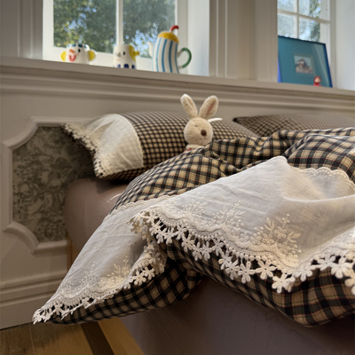 绿色格子蕾丝花边双层纱四件套