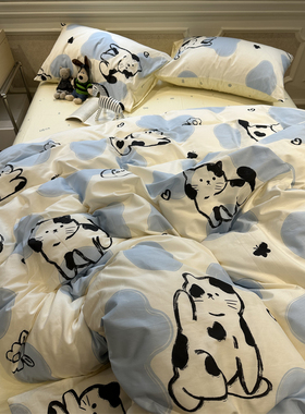 蓝色卡通可爱斑点猫咪四件套全棉纯棉1.5m1.8宿舍被套床单三件套
