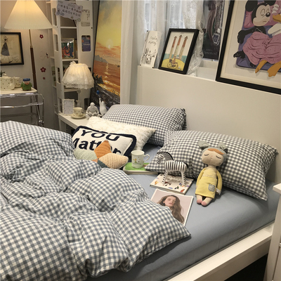 少女心ins蓝色小格子公寓四件套