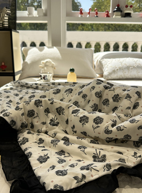 ins黑色花边复古小碎花针织云柔夏凉被夏天薄被空调被超柔软少女