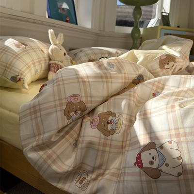 ins卡通黄格子小狗四件套全棉