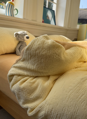 ins北欧简约冬季保暖加厚雕花绒牛奶绒黄色四件套珊瑚绒1.5m1.8米