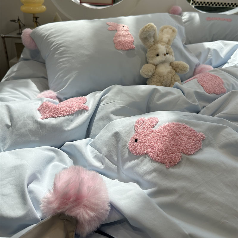 100s高支磨毛蓝色毛球球毛巾绣小兔子冬保暖四件套纯棉1.5m1.8米