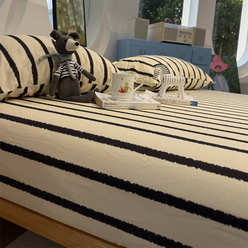 纯棉秋冬简约黑条纹磨毛床笠床单