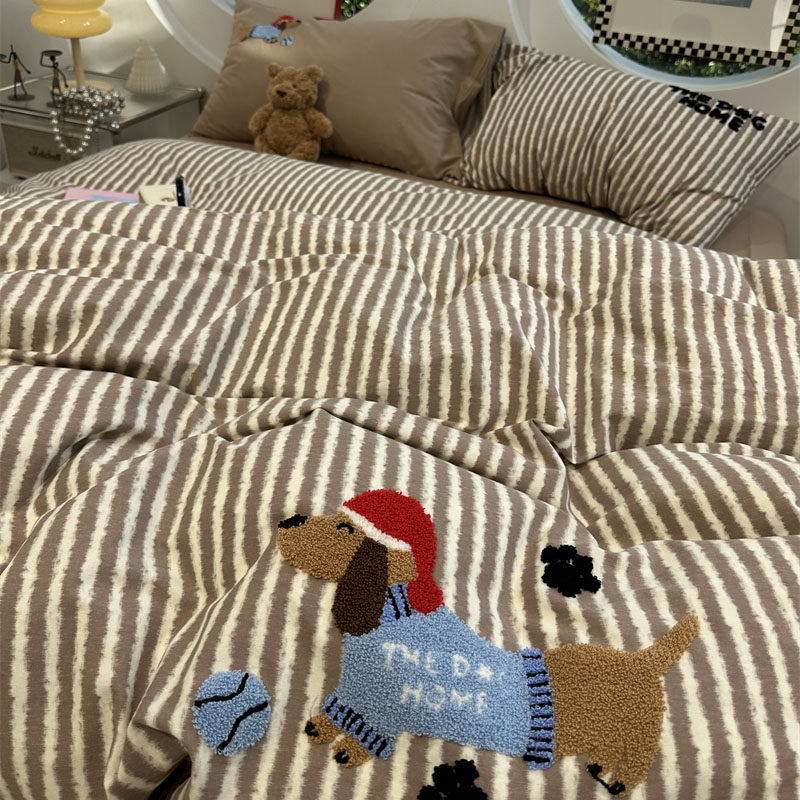 咖色条纹小狗磨毛毛巾绣四件套